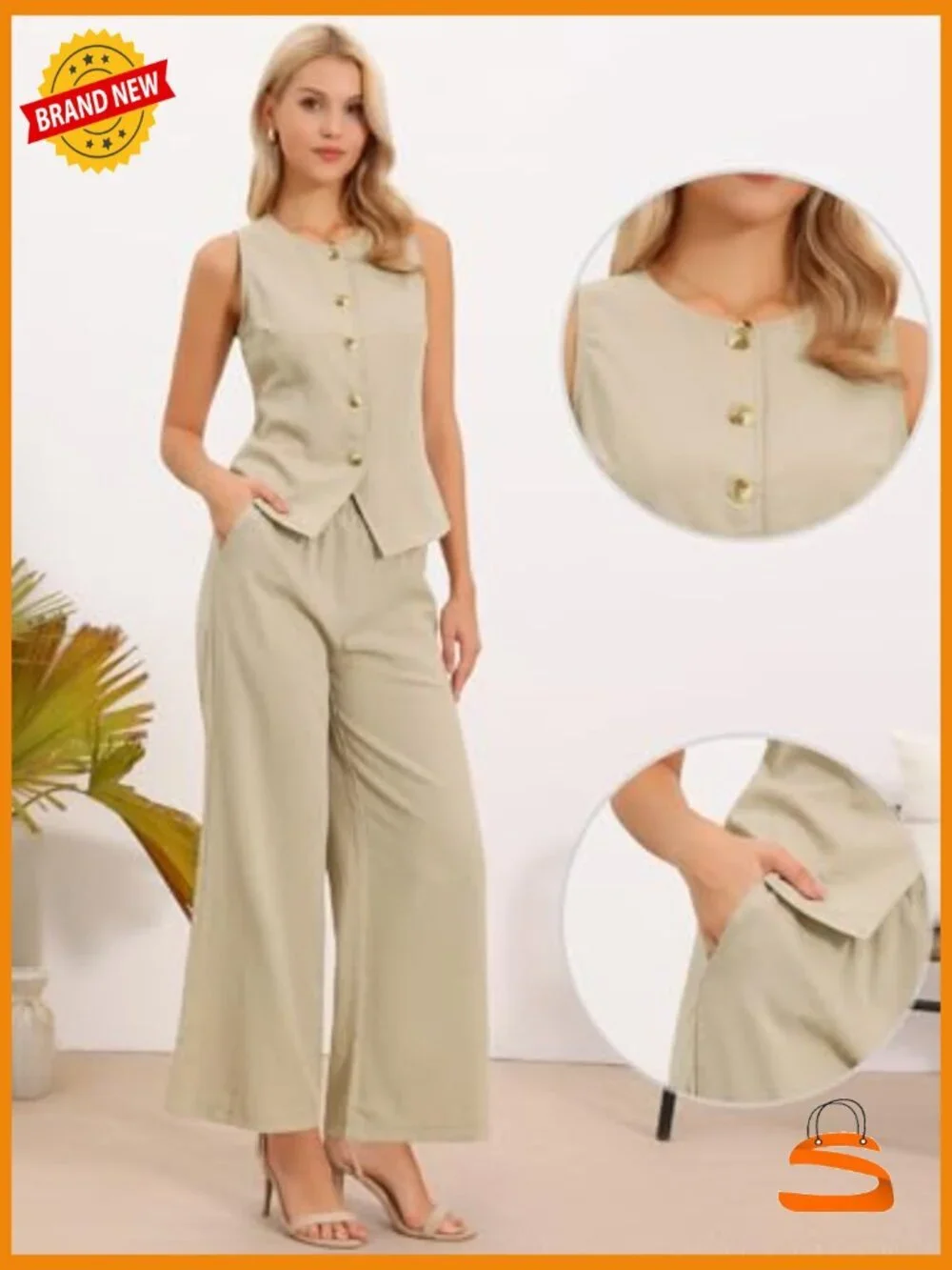Linen Vest and Wide Leg Pants 2 Piece Outfit Set